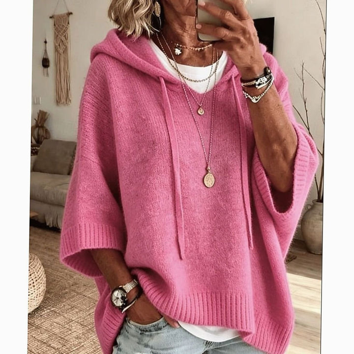 Women's Relaxed-Fit Hooded Drawstring Knit Sweater - Pink