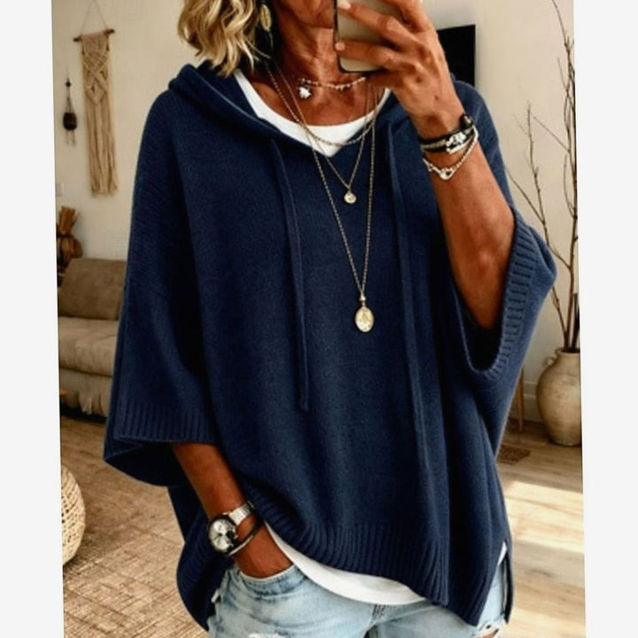 Women's Relaxed-Fit Hooded Drawstring Knit Sweater - Navy Blue