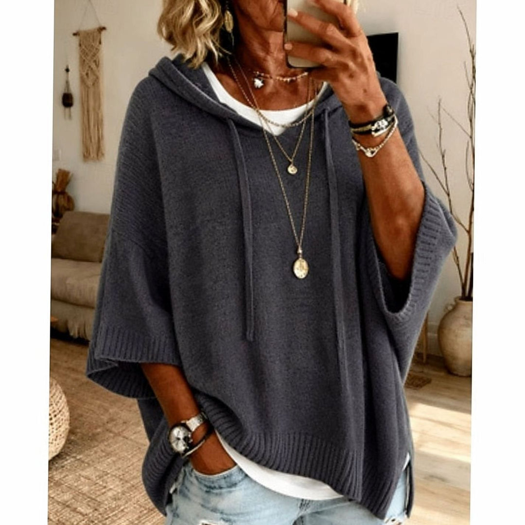 Women's Relaxed-Fit Hooded Drawstring Knit Sweater - Dark Gray