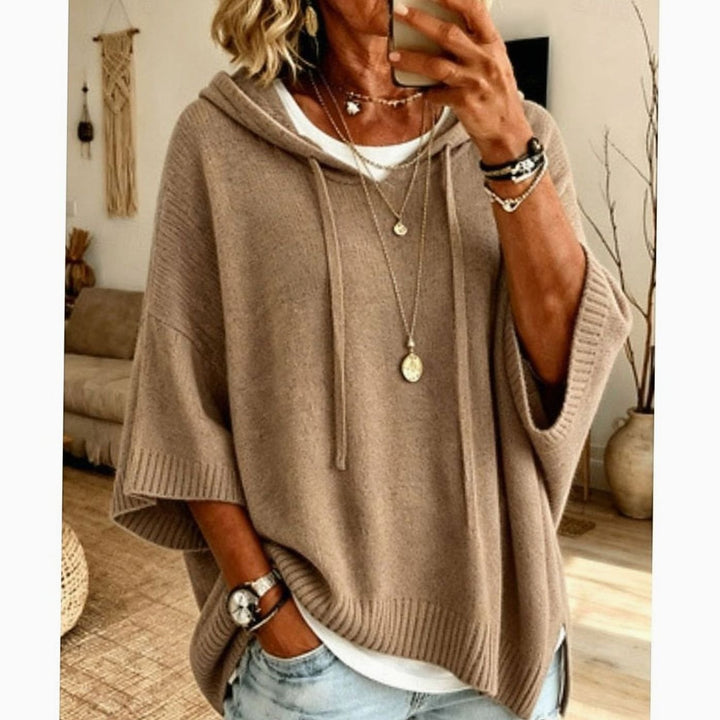 Women's Relaxed-Fit Hooded Drawstring Knit Sweater - Khaki