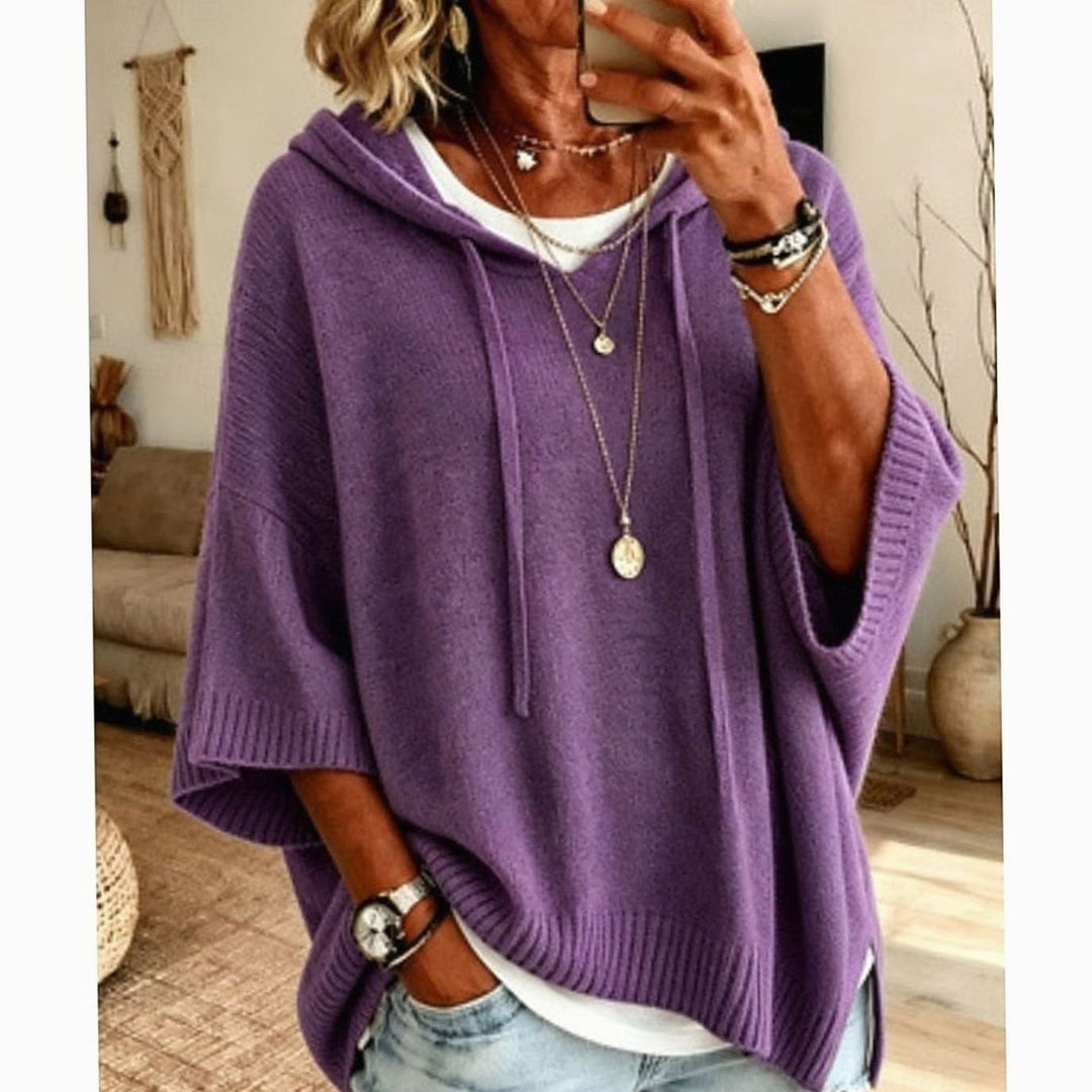 Women's Relaxed-Fit Hooded Drawstring Knit Sweater - Purple