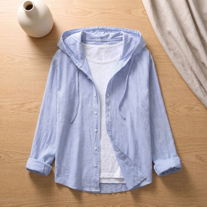 Women's Relaxed-Fit Hooded Long-Sleeve Button-Down Shirt - Light Blue