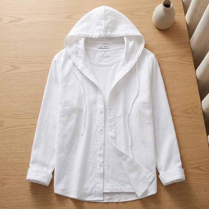 Women's Relaxed-Fit Hooded Long-Sleeve Button-Down Shirt - White