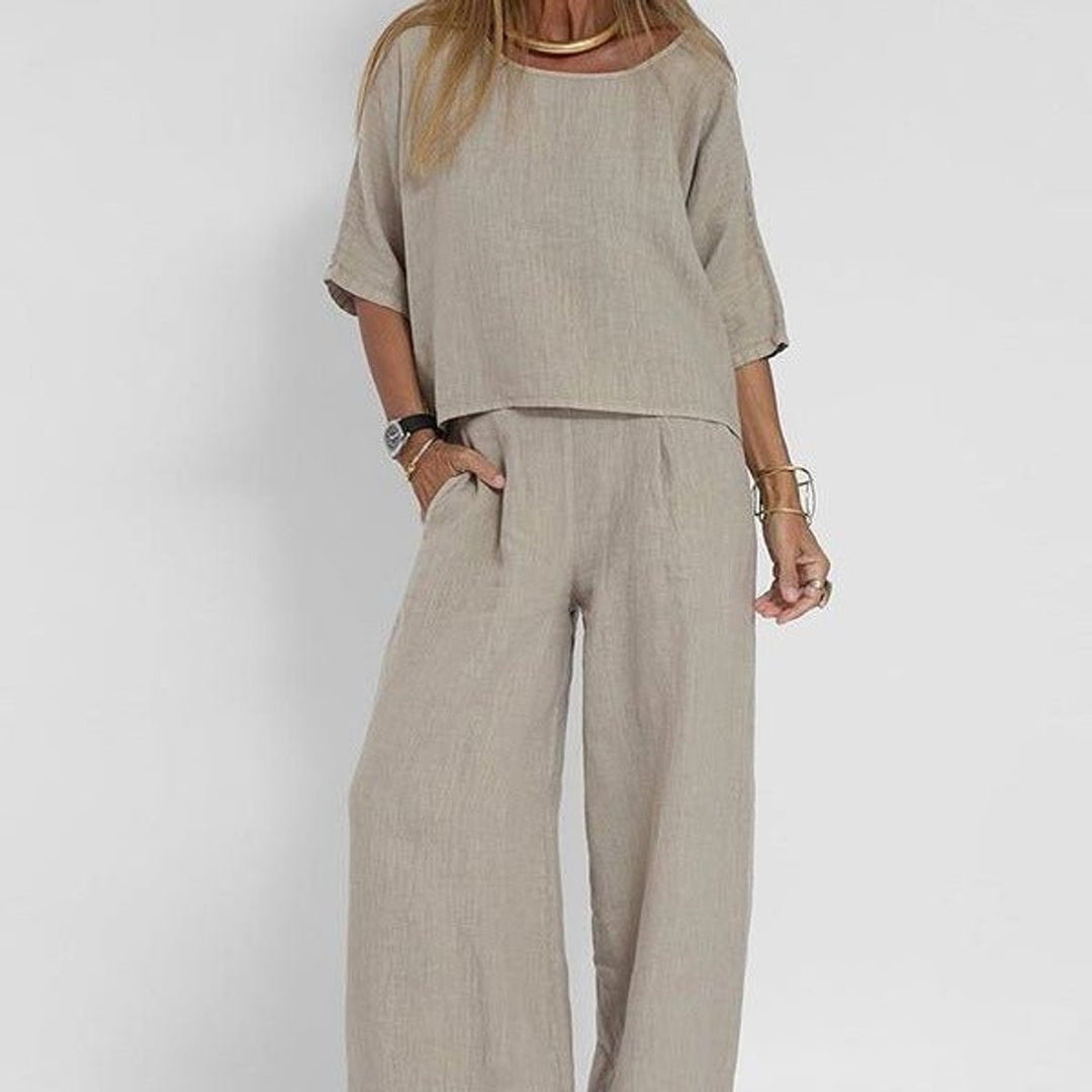 Women's Relaxed-Fit Linen Blouse Wide-Leg Pants Two-Piece Set - Light Gray