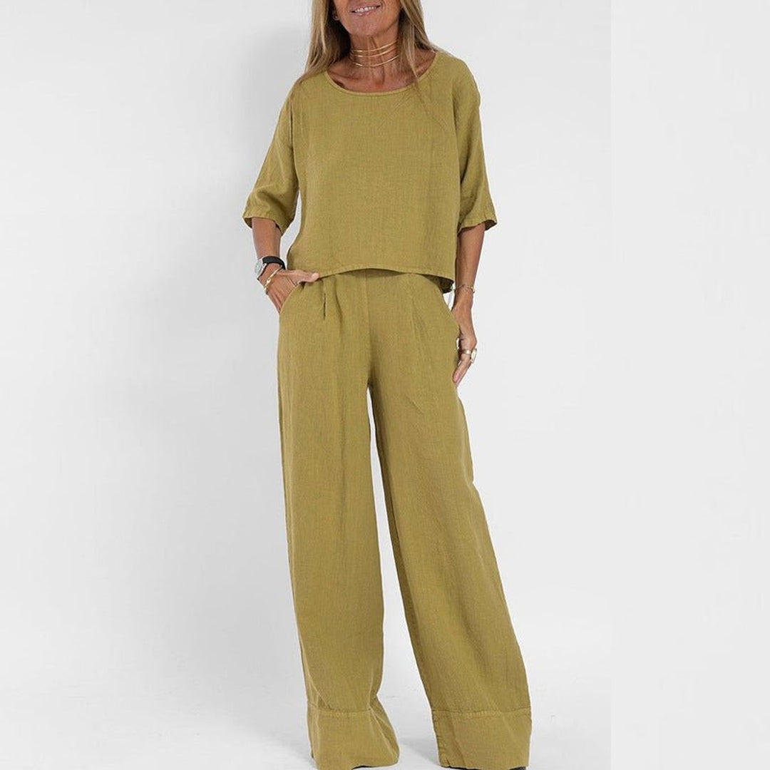 Women's Relaxed-Fit Linen Blouse Wide-Leg Pants Two-Piece Set - Yellow