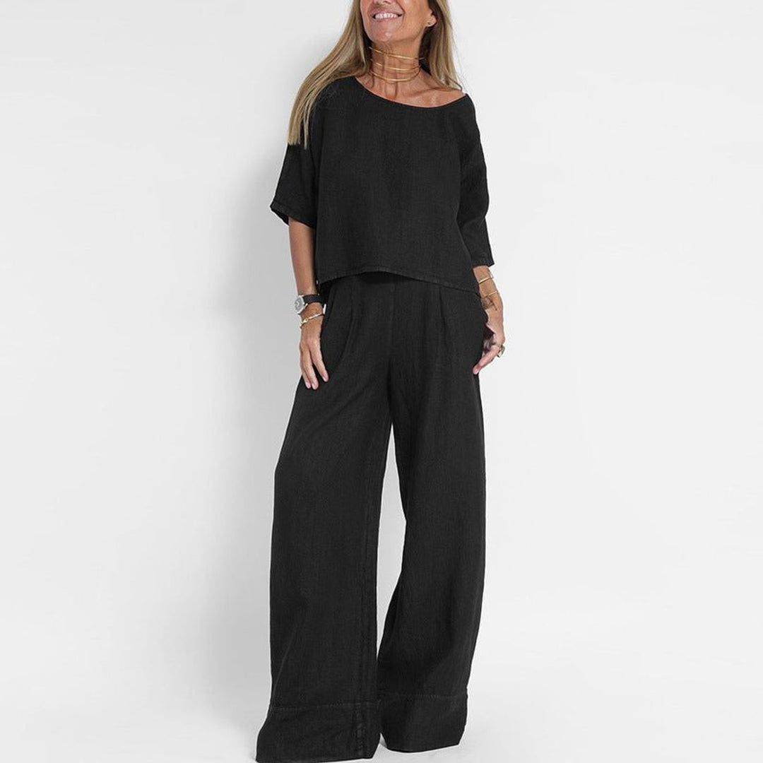 Women's Relaxed-Fit Linen Blouse Wide-Leg Pants Two-Piece Set - Black