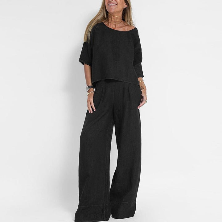 Women's Relaxed-Fit Linen Blouse Wide-Leg Pants Two-Piece Set - Black
