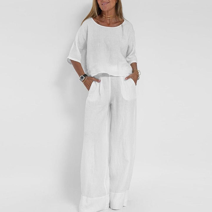 Women's Relaxed-Fit Linen Blouse Wide-Leg Pants Two-Piece Set - White