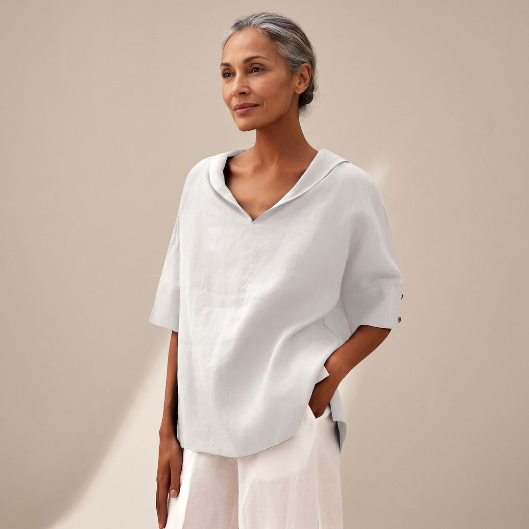 Women's Relaxed-Fit Linen-Cotton Collared Short-Sleeve Blouse - White