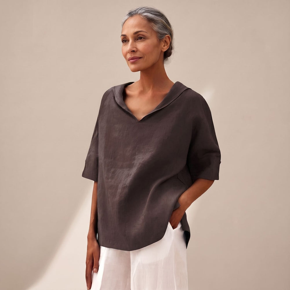 Women's Relaxed-Fit Linen-Cotton Collared Short-Sleeve Blouse - Brown