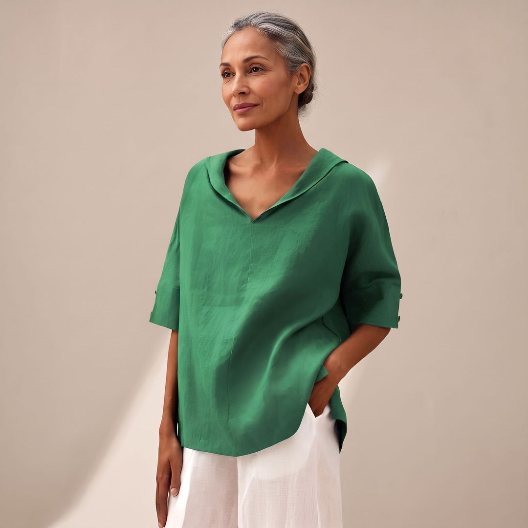 Women's Relaxed-Fit Linen-Cotton Collared Short-Sleeve Blouse - Green