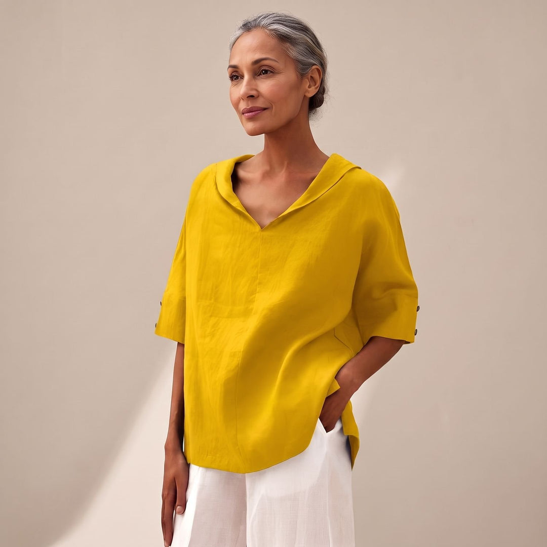 Women's Relaxed-Fit Linen-Cotton Collared Short-Sleeve Blouse - Yellow