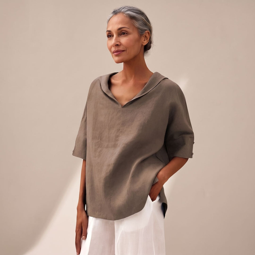 Women's Relaxed-Fit Linen-Cotton Collared Short-Sleeve Blouse - Khaki