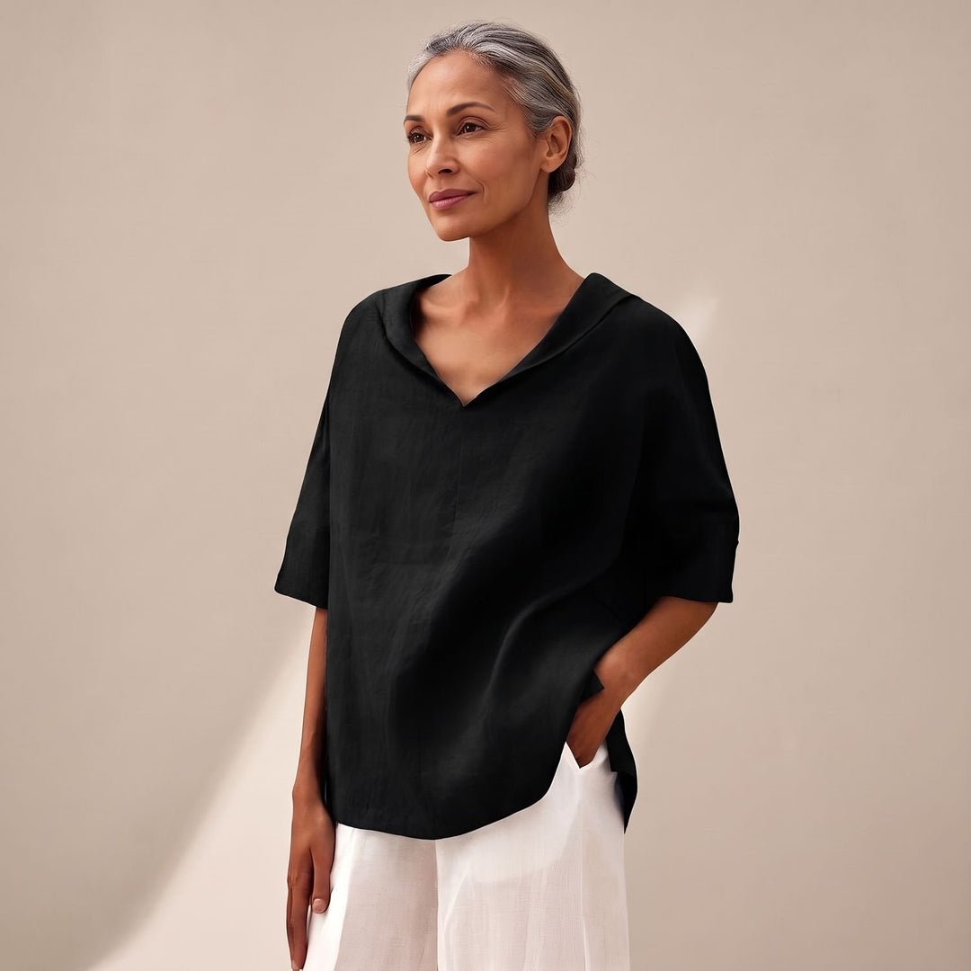 Women's Relaxed-Fit Linen-Cotton Collared Short-Sleeve Blouse - Black