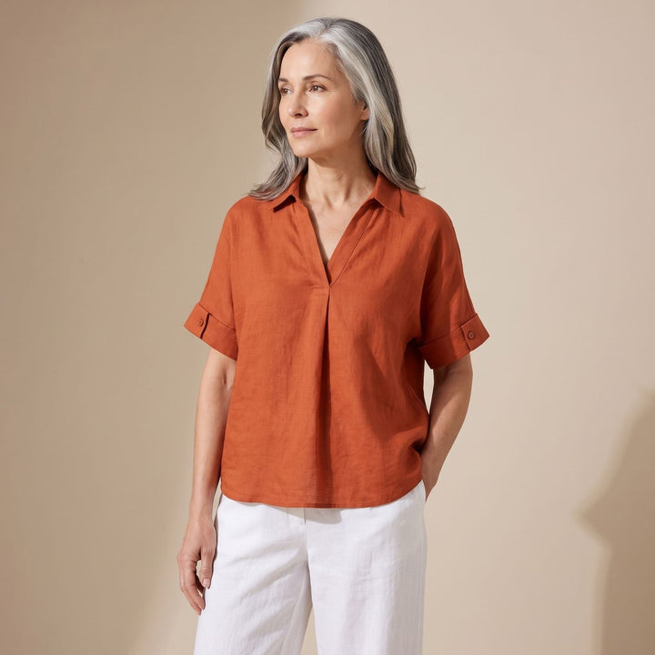 Women's Relaxed-Fit Linen-Cotton Collared Short-Sleeve Blouse - Orange