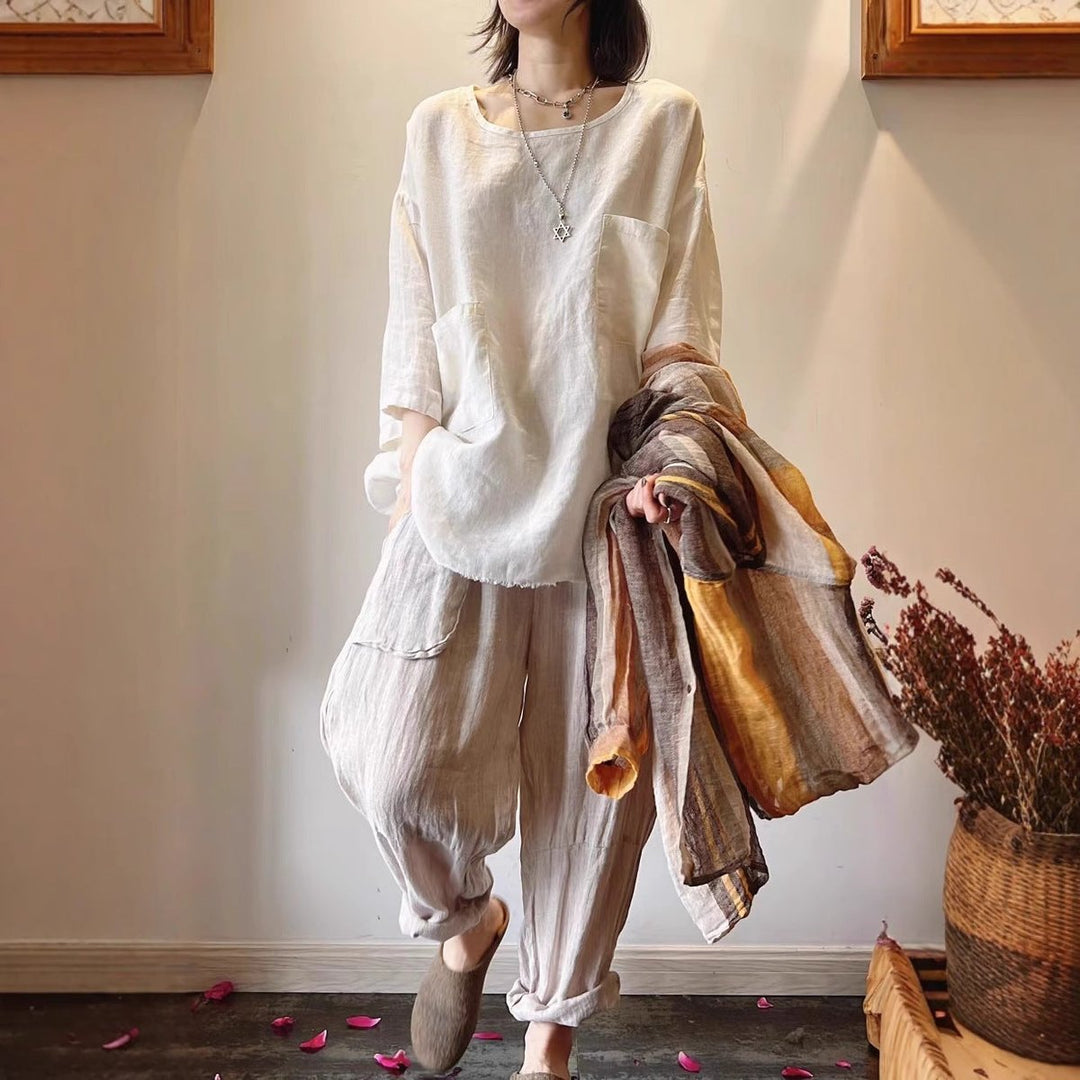 Women's Relaxed Fit Linen Tunic Three-Quarter Sleeve Patch Pocket Top