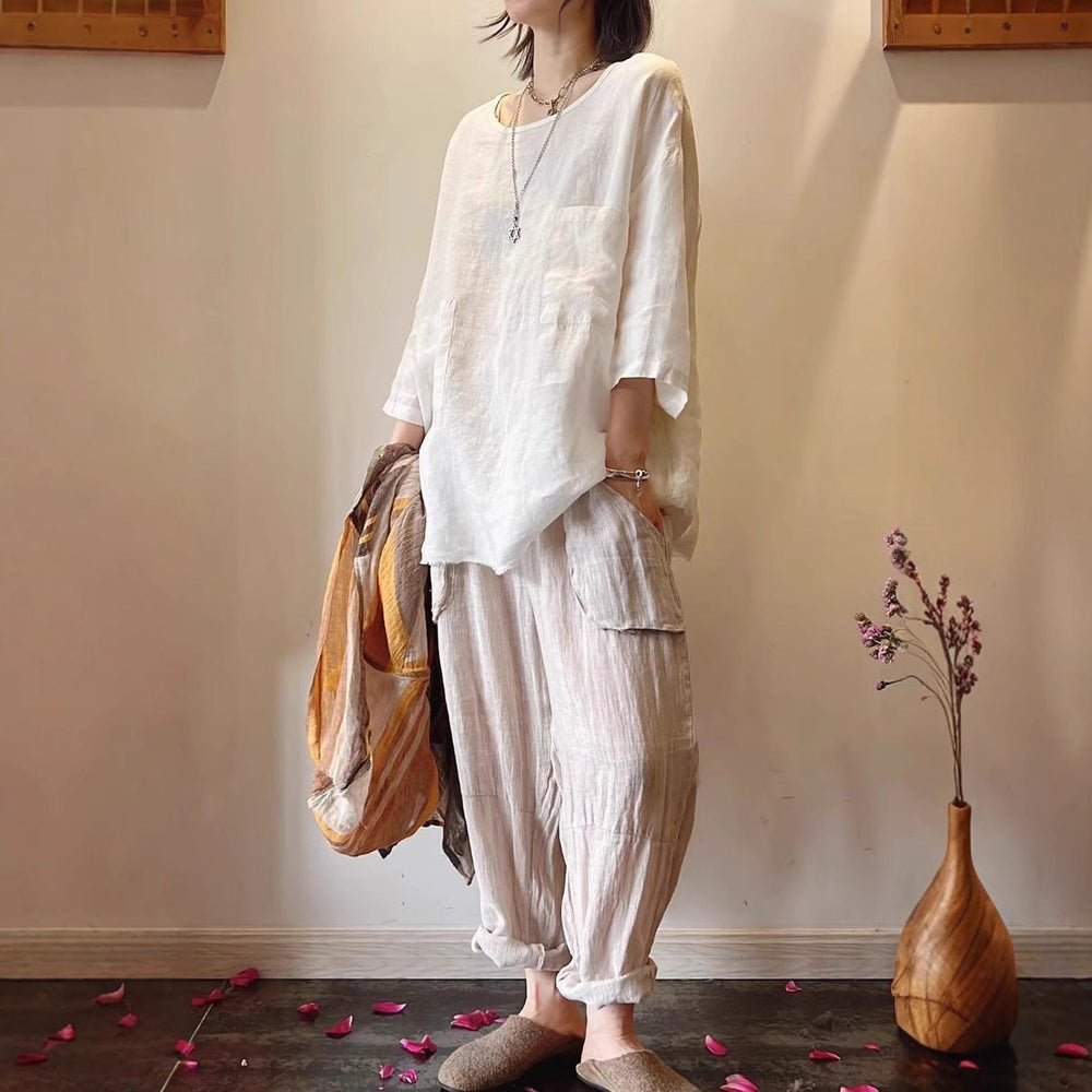 Women's Relaxed Fit Linen Tunic Three-Quarter Sleeve Patch Pocket Top