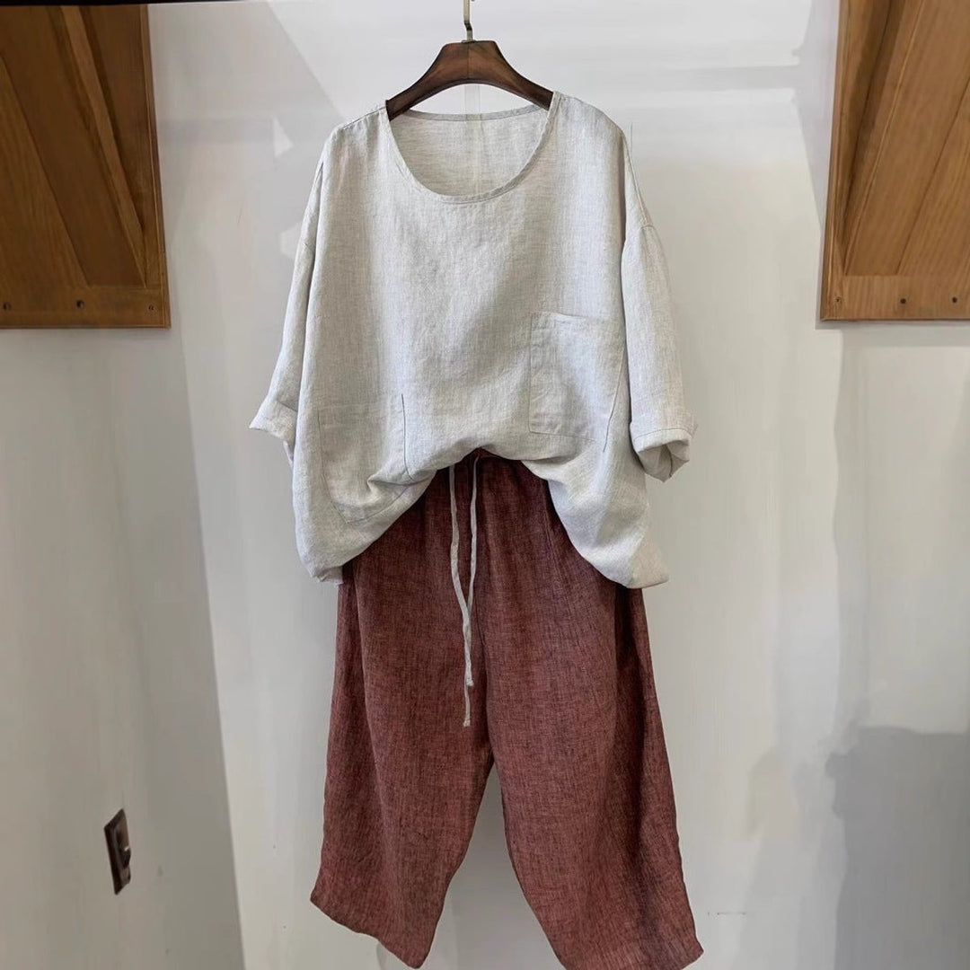 Women's Relaxed Fit Linen Tunic Three-Quarter Sleeve Patch Pocket Top