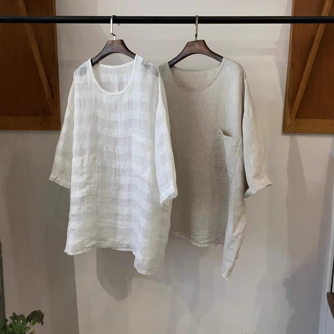 Women's Relaxed Fit Linen Tunic Three-Quarter Sleeve Patch Pocket Top