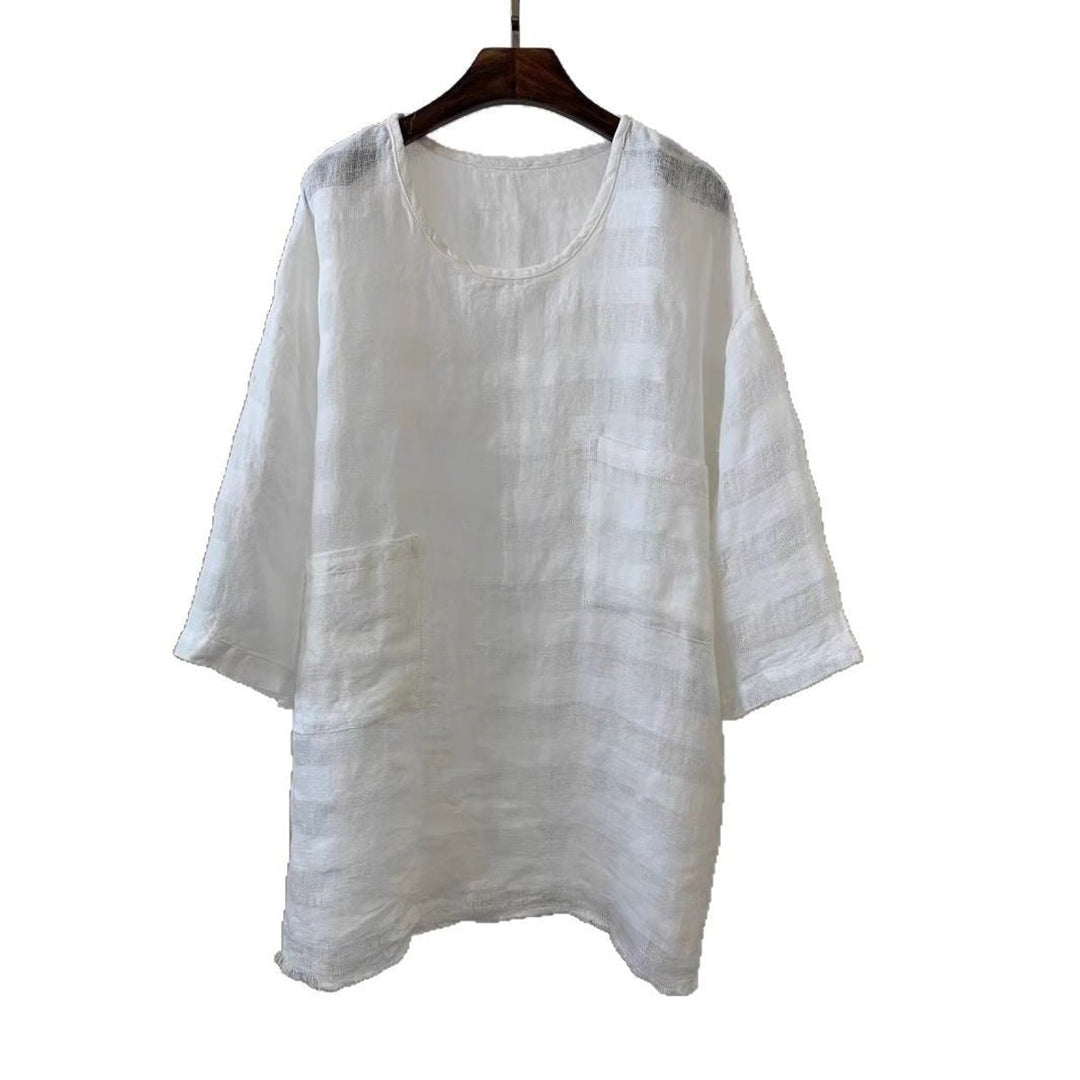 Women's Relaxed Fit Linen Tunic Three-Quarter Sleeve Patch Pocket Top