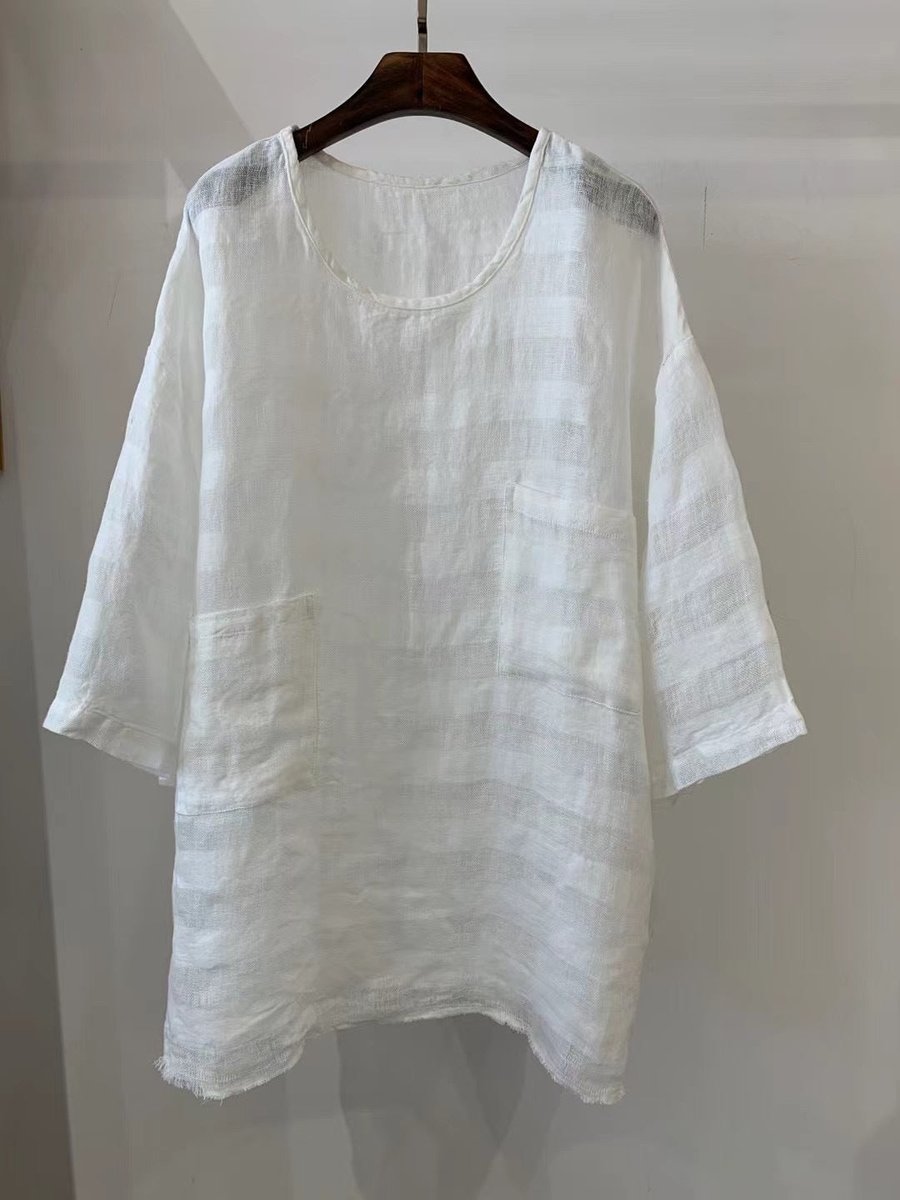 Women's Relaxed Fit Linen Tunic Three-Quarter Sleeve Patch Pocket Top - 1