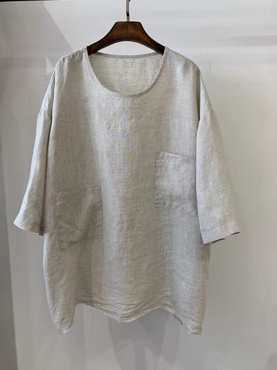 Women's Relaxed Fit Linen Tunic Three-Quarter Sleeve Patch Pocket Top - 2