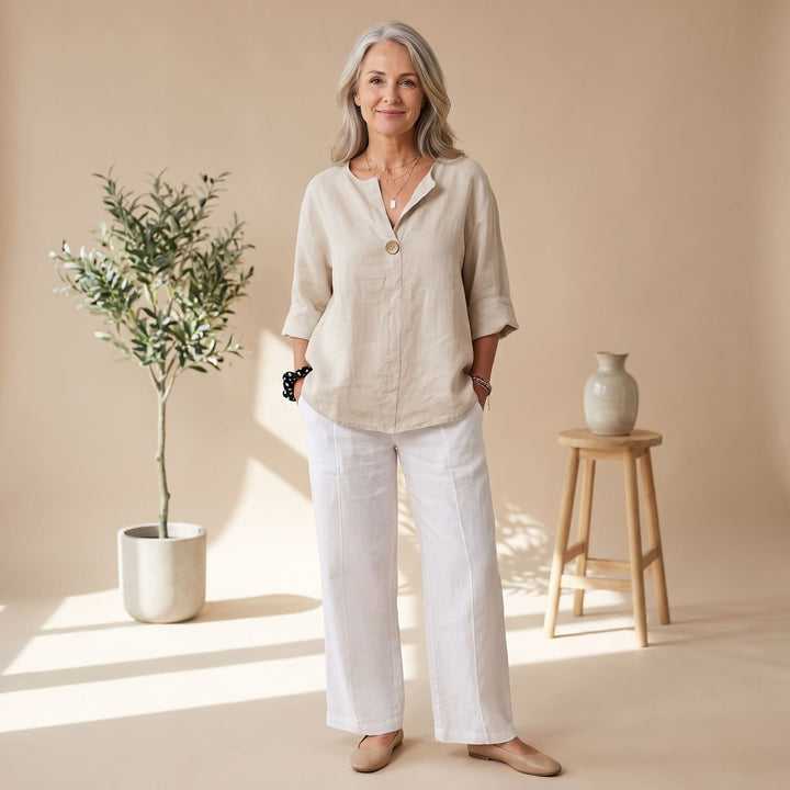 Women's Relaxed-Fit Linen V-Neck 3/4 Sleeve Blouse - Beige