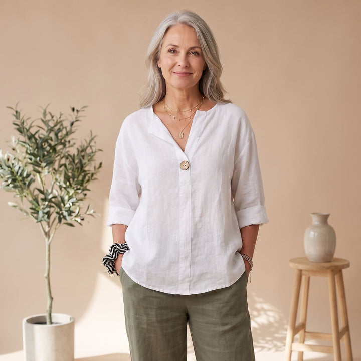 Women's Relaxed-Fit Linen V-Neck 3/4 Sleeve Blouse - White