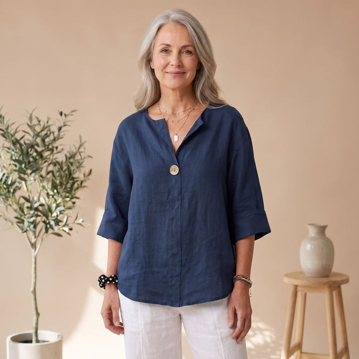 Women's Relaxed-Fit Linen V-Neck 3/4 Sleeve Blouse - Navy Blue