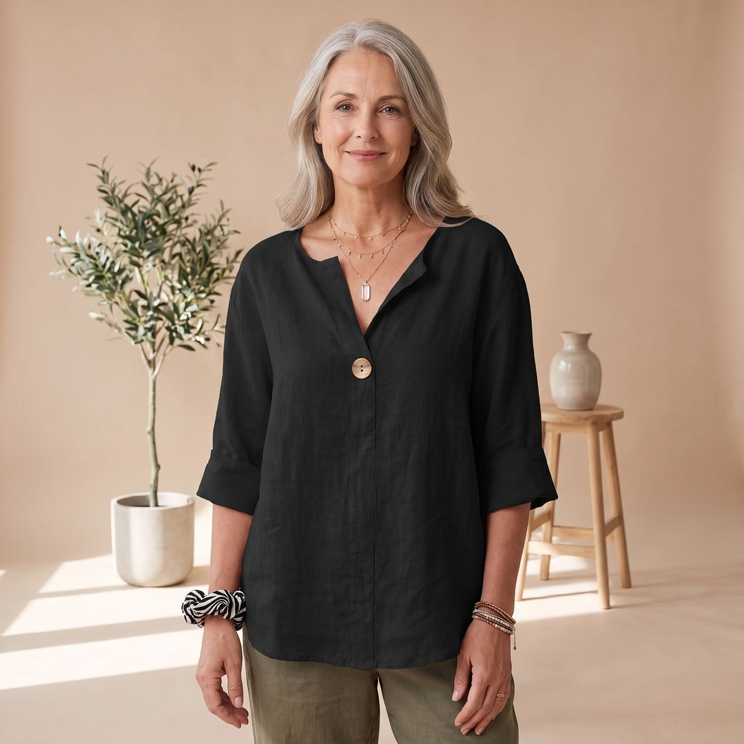Women's Relaxed-Fit Linen V-Neck 3/4 Sleeve Blouse - Black