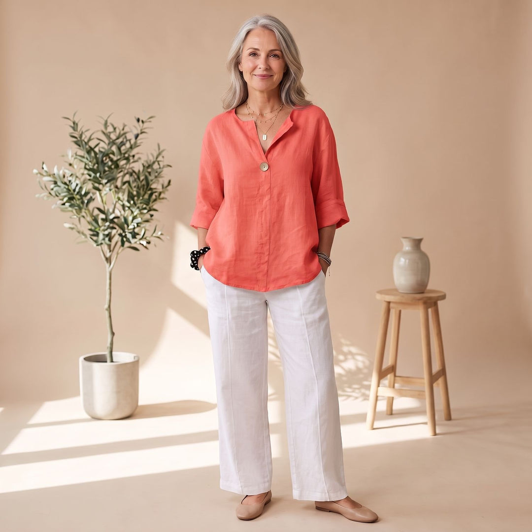 Women's Relaxed-Fit Linen V-Neck 3/4 Sleeve Blouse - Red