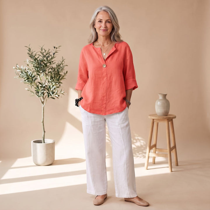 Women's Relaxed-Fit Linen V-Neck 3/4 Sleeve Blouse - Red
