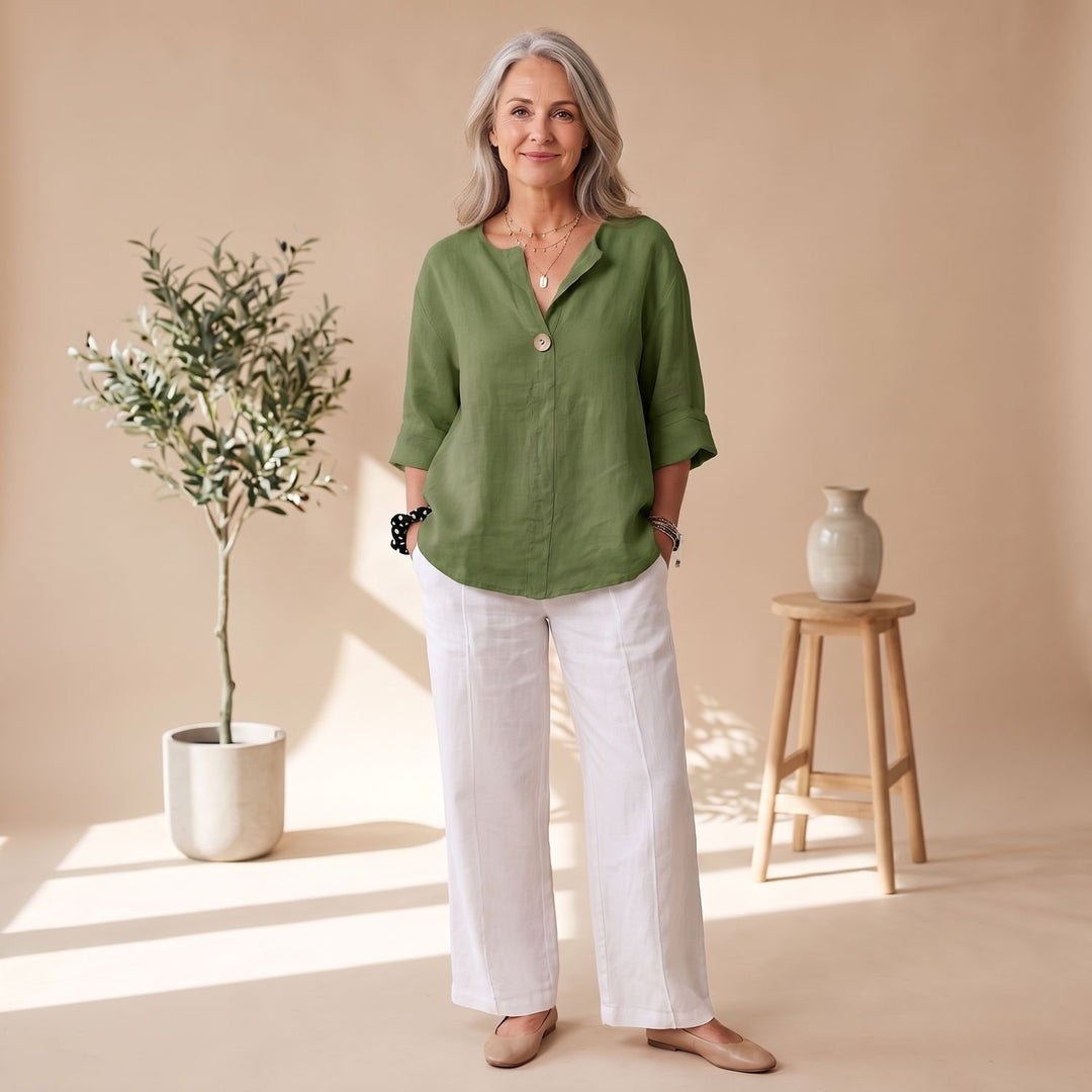 Women's Relaxed-Fit Linen V-Neck 3/4 Sleeve Blouse - Green