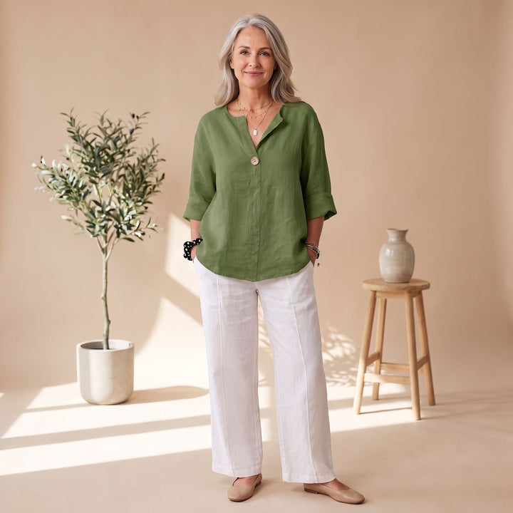 Women's Relaxed-Fit Linen V-Neck 3/4 Sleeve Blouse - Green