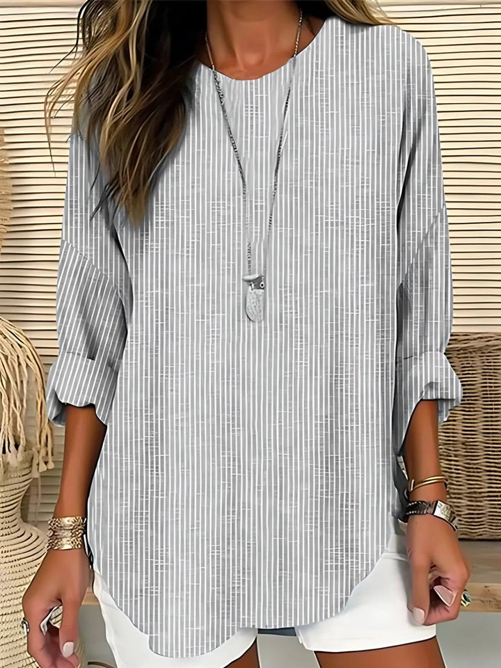 Women's Relaxed-Fit Long-Sleeve Striped Crew-Neck Blouse - Gray