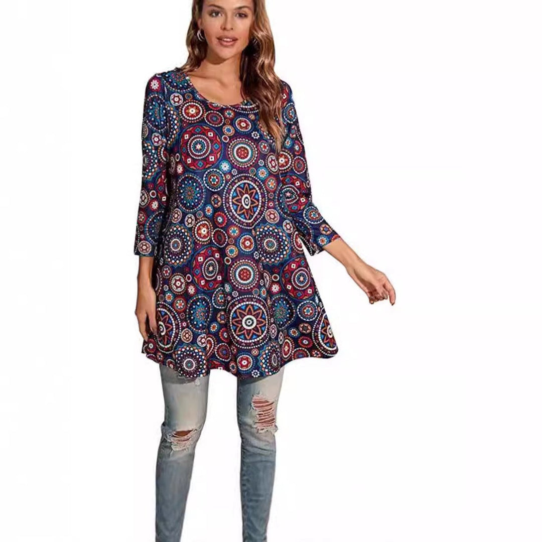 Women's Relaxed-Fit Mandala Print 3/4 Sleeve Swing Tunic