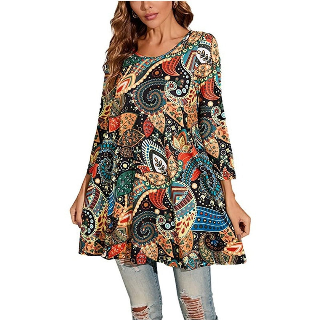 Women's Relaxed-Fit Mandala Print 3/4 Sleeve Swing Tunic - Multicolor A5