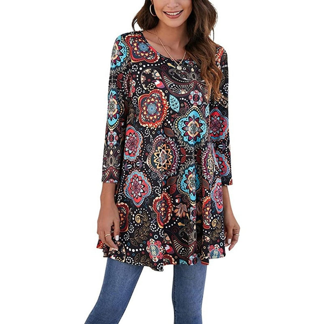 Women's Relaxed-Fit Mandala Print 3/4 Sleeve Swing Tunic - Multicolor A2