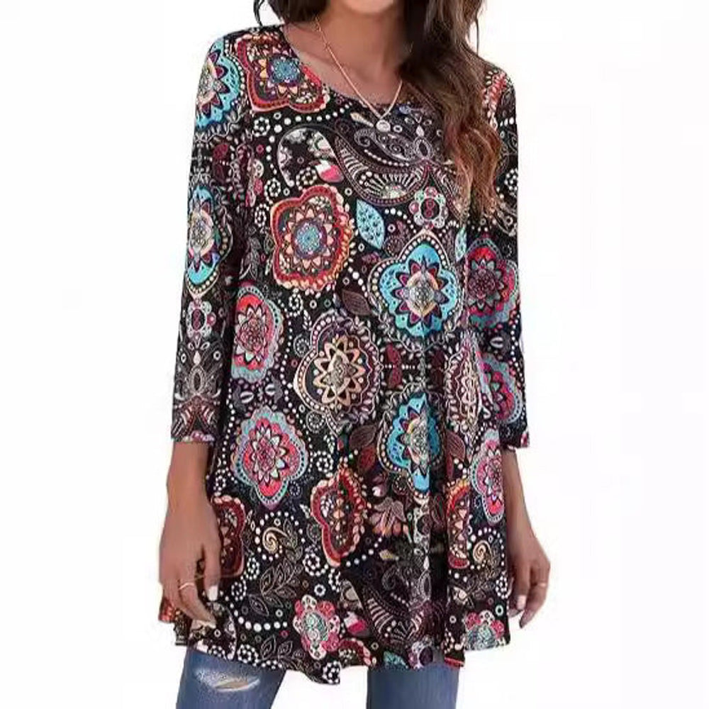Women's Relaxed-Fit Mandala Print 3/4 Sleeve Swing Tunic
