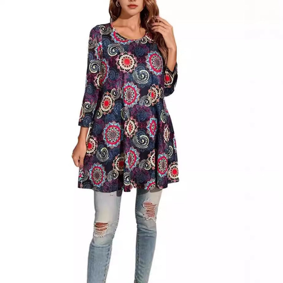 Women's Relaxed-Fit Mandala Print 3/4 Sleeve Swing Tunic