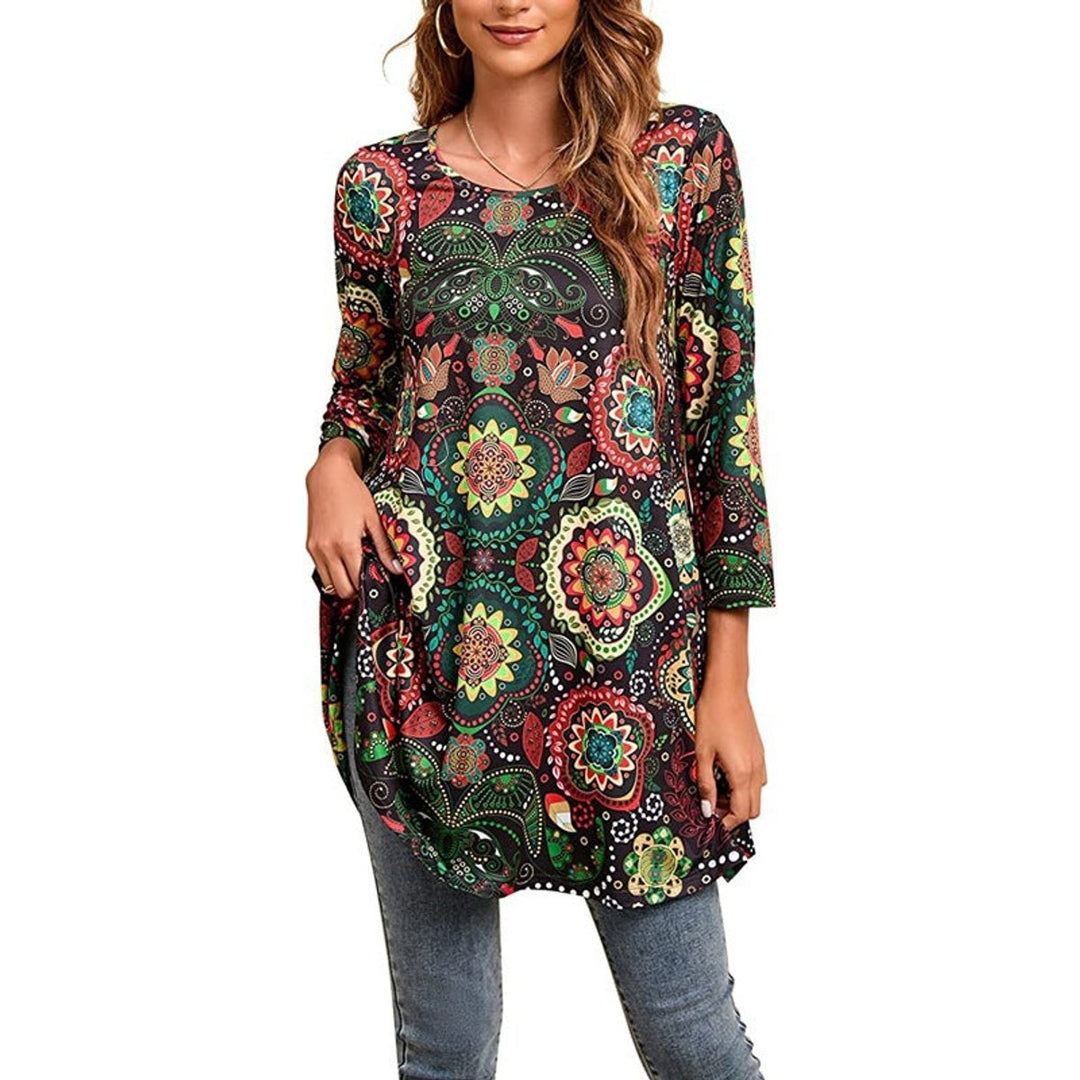 Women's Relaxed-Fit Mandala Print 3/4 Sleeve Swing Tunic - Multicolor A16