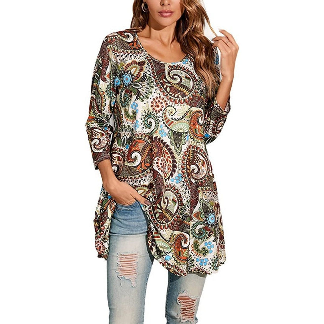 Women's Relaxed-Fit Mandala Print 3/4 Sleeve Swing Tunic - Multicolor A1