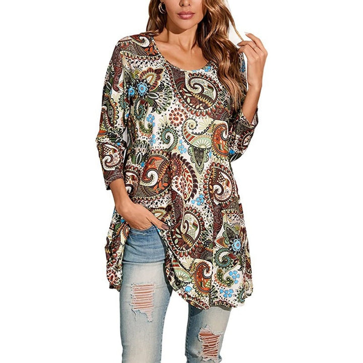 Women's Relaxed-Fit Mandala Print 3/4 Sleeve Swing Tunic - Multicolor A1