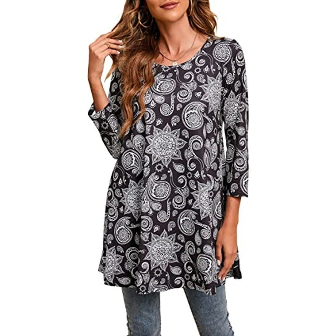 Women's Relaxed-Fit Mandala Print 3/4 Sleeve Swing Tunic - Multicolor A14
