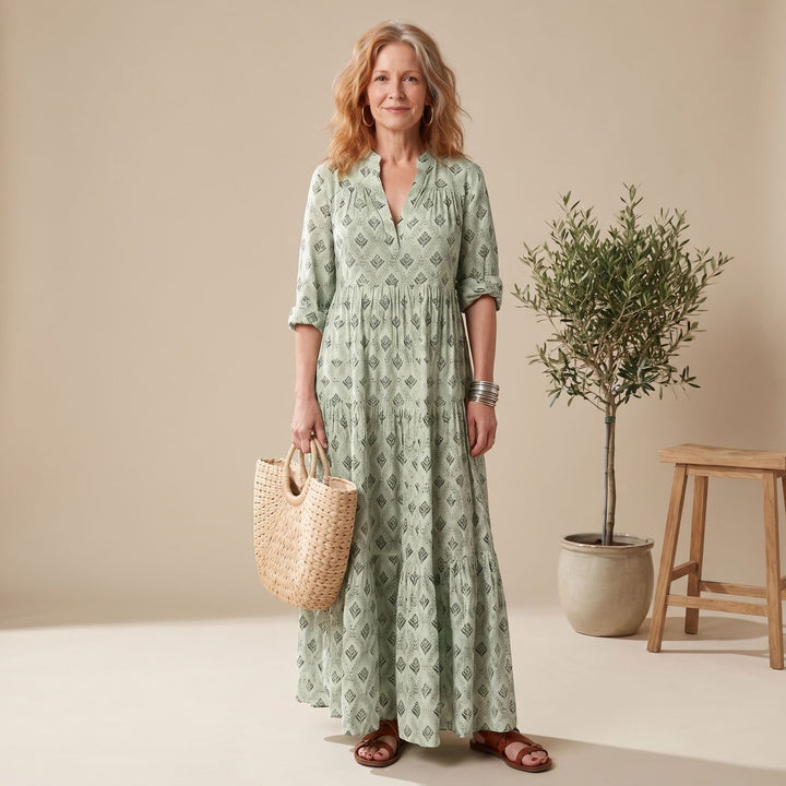 Women's Relaxed-Fit Notch-Neck Long Sleeve Maxi Dress - Green