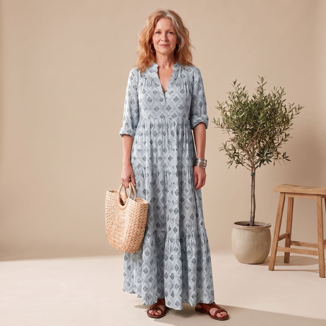 Women's Relaxed-Fit Notch-Neck Long Sleeve Maxi Dress - Sky Blue
