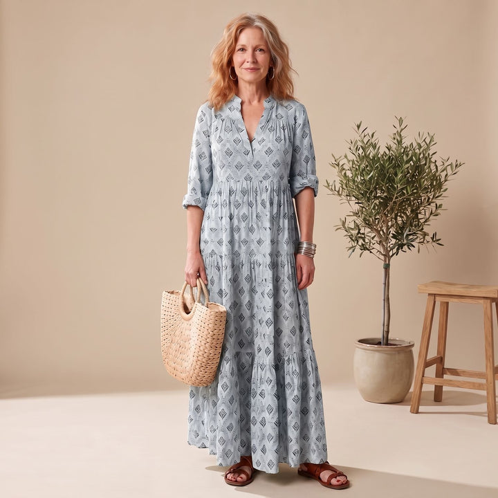 Women's Relaxed-Fit Notch-Neck Long Sleeve Maxi Dress - Sky Blue