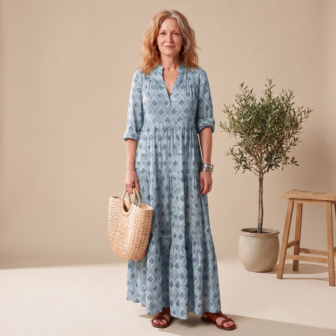Women's Relaxed-Fit Notch-Neck Long Sleeve Maxi Dress