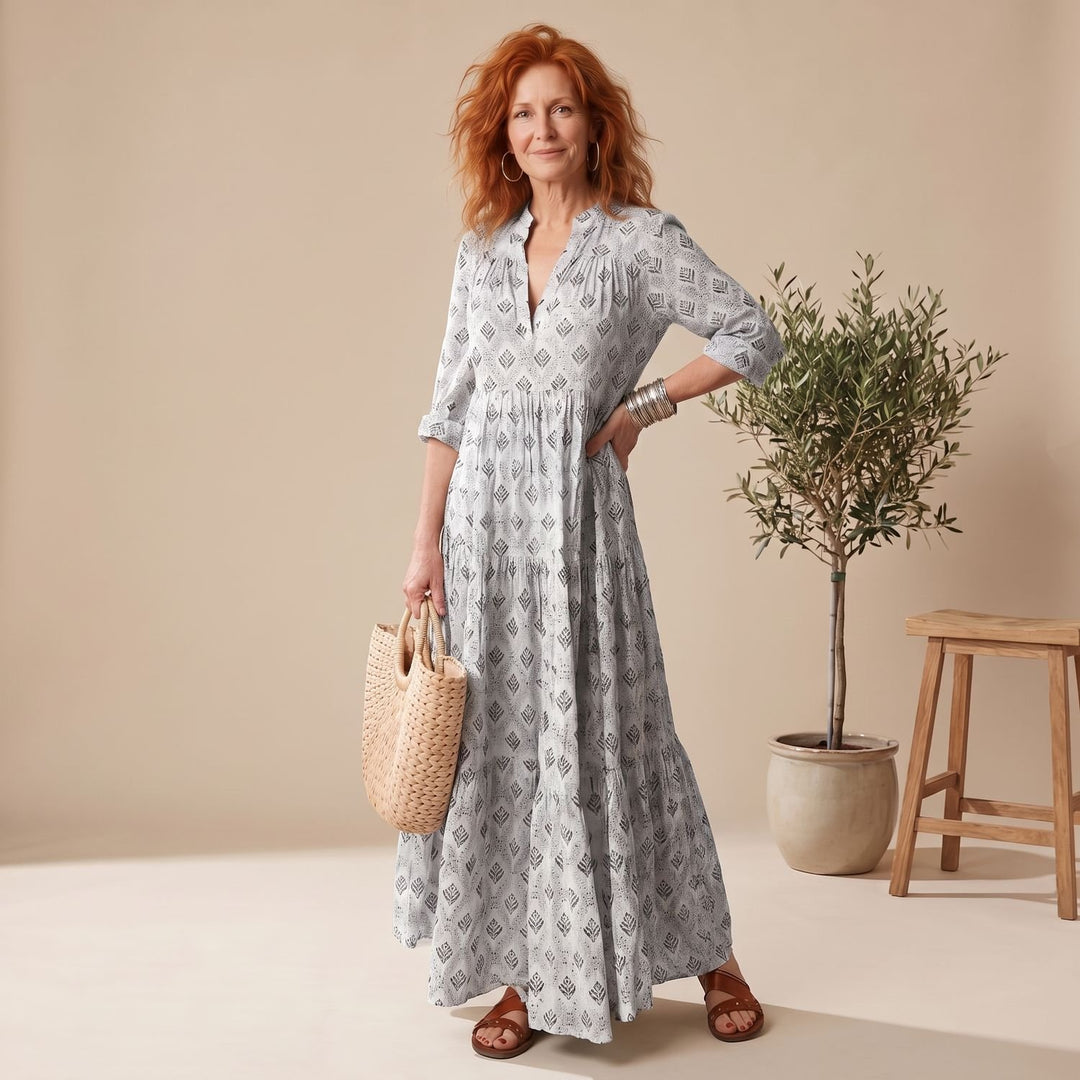 Women's Relaxed-Fit Notch-Neck Long Sleeve Maxi Dress - Grey