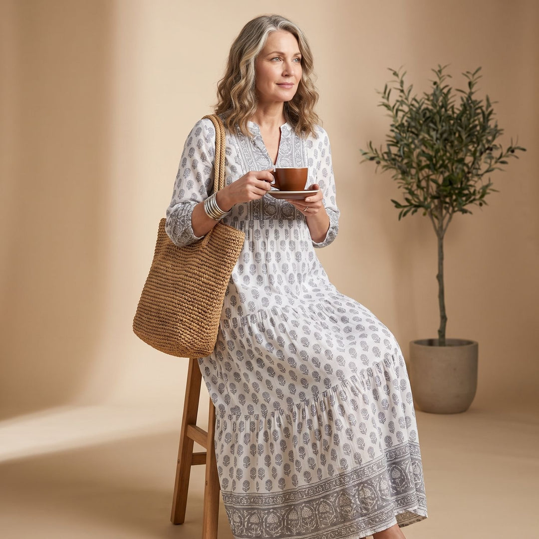 Women's Relaxed-Fit Notch-Neck Long Sleeve Maxi Dress
